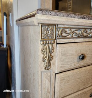 v99- Long Dresser w/ Mirror. *Dresser has issue one side. Appears to be repairable* Newer Construction Particle Board. Top is NOT Marble - Image 4