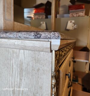 v99- Long Dresser w/ Mirror. *Dresser has issue one side. Appears to be repairable* Newer Construction Particle Board. Top is NOT Marble - Image 5