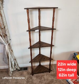v138- vintage dark brown wooden spindle corner shelf