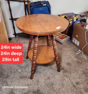 v141- early 1900s solid wood two-tier round side table with turned legs