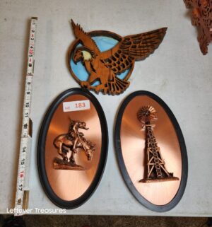 v183- vintage Americana wall plaques, featuring copper and wood designs