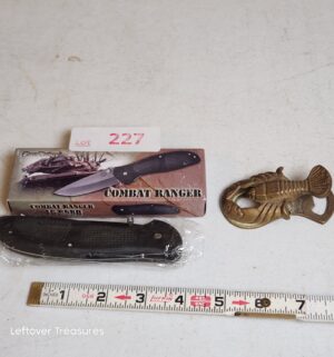 v227- Combat Ranger Knife, vintage solid brass lobster clip/bottle opener