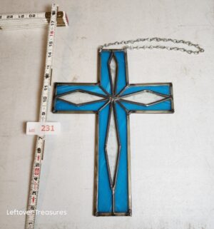 v231- handcrafted blue and clear stained glass cross suncatcher