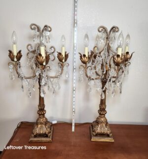 v241- vintage Hollywood Regency style 5-light brass and crystal candelabra table lamps