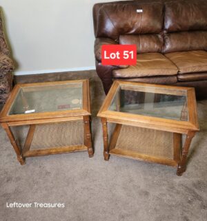 w51- Pair of glass top wooden end tables