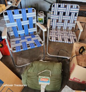 w136- lawn chairs, vintage coleman sleeping bag