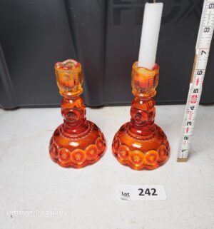 w242- vintage L.E. Smith Moon and Stars amberina glass candlestick holders