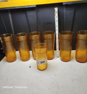 w246- vintage amber-colored Kerr drinking tumblers featuring a textured tree bark pattern