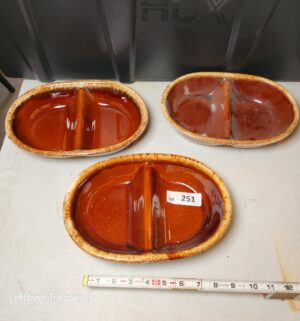 w251- vintage Hull Pottery brown drip divided dishes