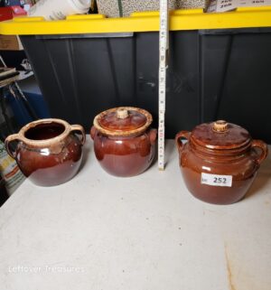 w252- vintage USA-made brown drip glaze pottery bean pots