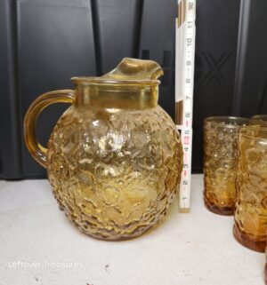 w255- vintage Anchor Hocking Lido Milano ball pitcher in amber glass set