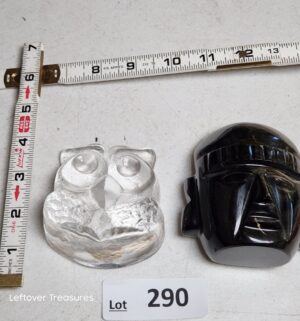 w290- Glass owl, carved obsidian Aztec head figure from Mexico