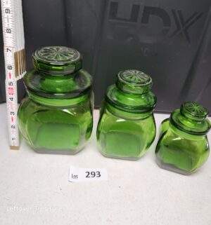 w293- vintage Wheaton emerald green glass canister jars