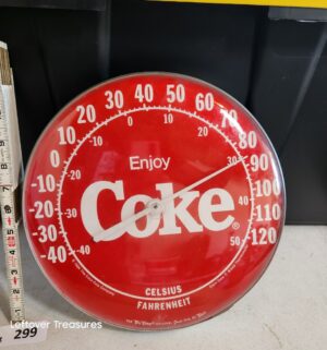 w299- 1984 Coca-Cola Tru Temp 12-inch round wall thermometer featuring the Enjoy Coke logo