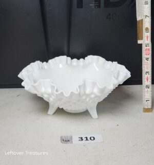 w310- Fenton Milk Glass hobnail three-footed tripod bowl with a ruffled edge