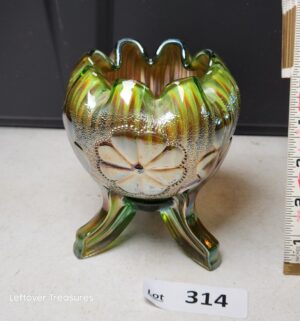 w314- Northwood Green Carnival Glass Rose Bowl