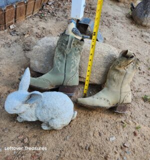 v243- 2 Leather boots used as planters, Plastic Bunny