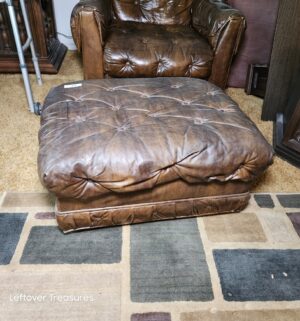 x83- vintage brown tufted vinyl club chair with a matching ottoman - Image 4