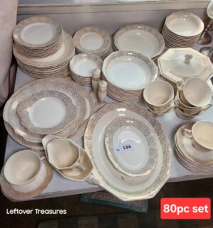 x134- National Brotherhood Pottery China Set in the Lamar pattern, featuring a 22K gold filigre
