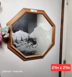 x147- wood-framed octagonal wall mirror featuring etched artwork of horses