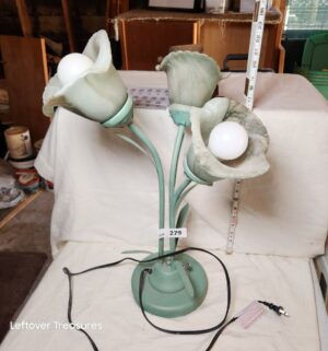 x279- vintage-style green table lamp featuring three lily-shaped frosted glass shades and a sculpted metal base