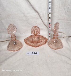 x354- vintage New Martinsville Pink Art Deco glass vanity set featuring leaf-shaped stoppers