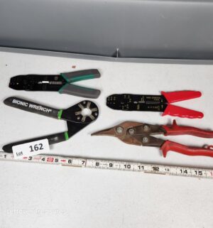 y162- LoggerHead Tools 8-inch Bionic Wrench, two wire crimpers/strippers, and a pair of aviation snips - Image 1