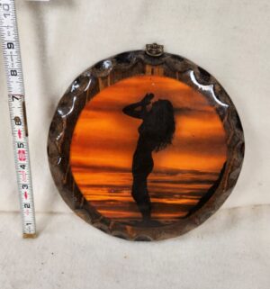 b98- vintage souvenir wall hanging featuring a silhouette of a woman against a sunset. Berkeley Art Factory