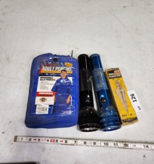 y126- poncho, flash lights, plumb bob - Image 1