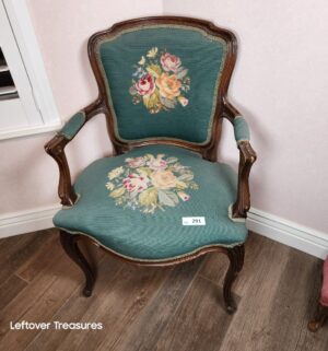 y291- antique Louis XV style armchair features a carved walnut frame and mint green needlepoint upholstery by Frank N Gallardo - Image 1