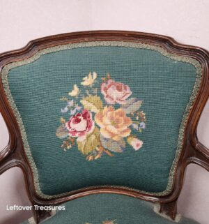y291- antique Louis XV style armchair features a carved walnut frame and mint green needlepoint upholstery by Frank N Gallardo - Image 2