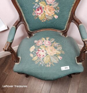 y291- antique Louis XV style armchair features a carved walnut frame and mint green needlepoint upholstery by Frank N Gallardo - Image 3
