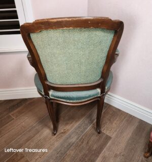 y291- antique Louis XV style armchair features a carved walnut frame and mint green needlepoint upholstery by Frank N Gallardo - Image 4