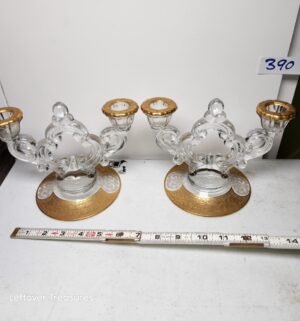 y390- Cambridge Wildflower Gold Encrusted 2-Lite Keyhole Candlestick set - Image 1