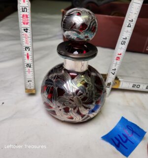 y444- Gorham Art Nouveau perfume bottle featuring a red cranberry glass body with intricate sterling silver overlay - Image 1