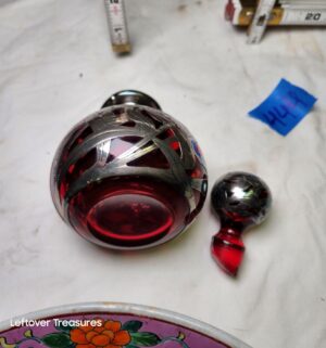 y444- Gorham Art Nouveau perfume bottle featuring a red cranberry glass body with intricate sterling silver overlay - Image 2