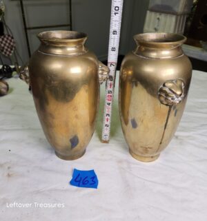 y463- pair of vintage brass vases features embossed lion heads - Image 1