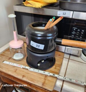 a33- Fondue Set, Mid century Glass chopper