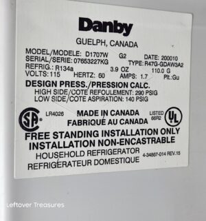 a91- Danby Refrigerator. Stored in Garage. Tested/works - Image 5