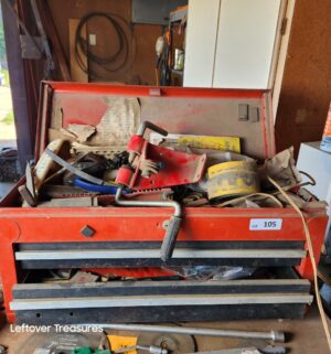 a105- Red Tool box w/ various tools - Image 1
