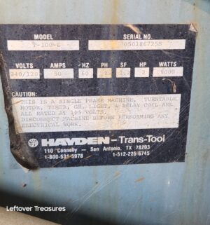 a134- Hayden Trans-Tool model T-100-6 single-phase industrial machine. Powers on - Image 5