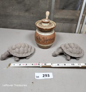 a293- cement turtles, pottery honey pot signed by olson - Image 1