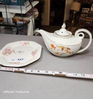 a327- Hall Superior China Aladdin Teapot, antique dish - Image 1