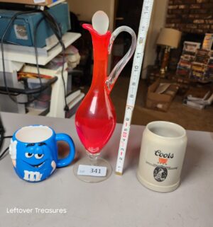 a341- coors MM mugs, Empoli-style red glass ewer - Image 1