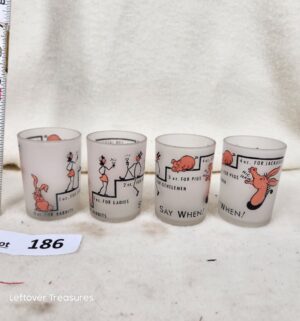 b186- Mid Century Hazel Atlas Say When frosted shot glasses
