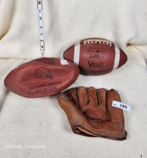 b189- California Bowl 8 - 1988 footballs, Spalding leather baseball glove 1178
