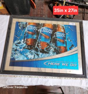 b224- Bud Light Here We Go mirror is a framed bar sign