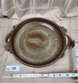 c14- signed studio art pottery platter with two handles