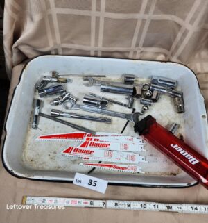 c35- enamel tray w/ sockets, tools, blades
