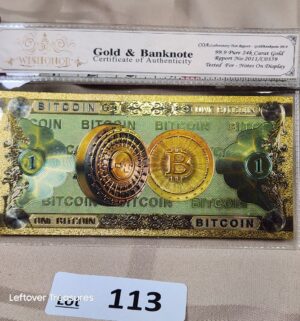 c113- One Bitcoin 24K Gold Plated Foil Banknote Collectors Bill Non-currency Replica Art Collection